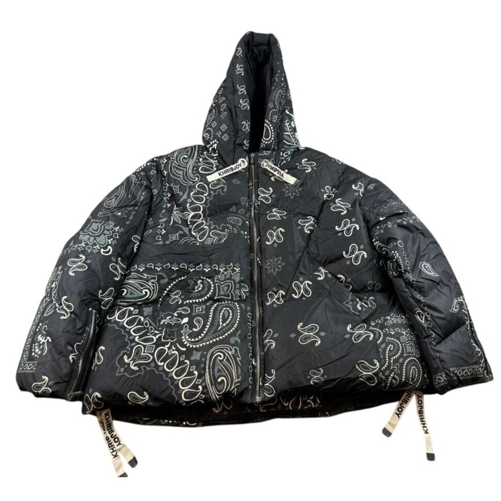 KHRISJOY Puffer‎ Jacket Women 2(L) Black Down Hooded Bandana Print Duck Down